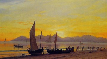  Sonne Kunst - Booten an Land bei Sonnenuntergang luminism Albert Bierstadt